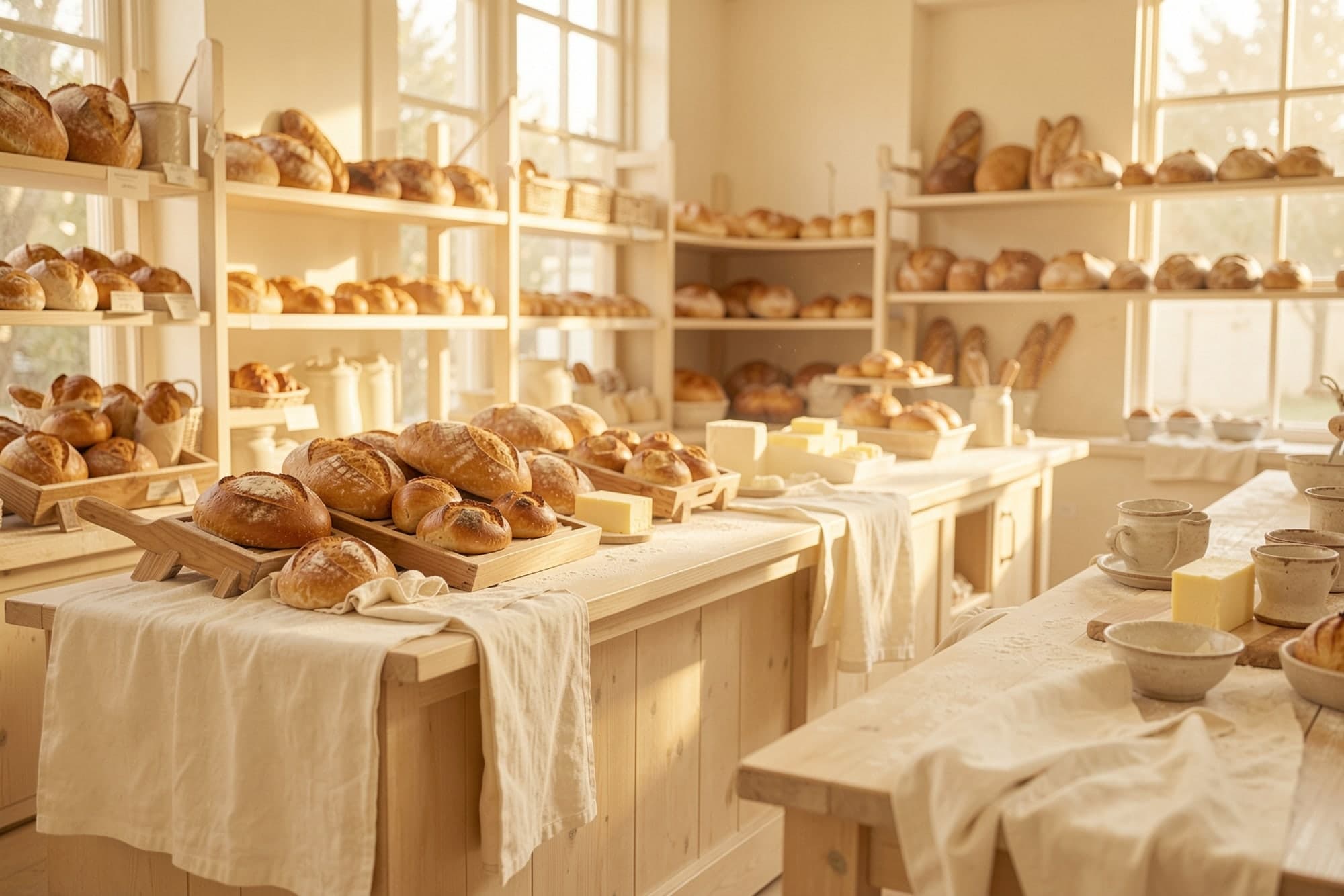 A small bakery counter with loaves and pastries on wooden trays in morning sun