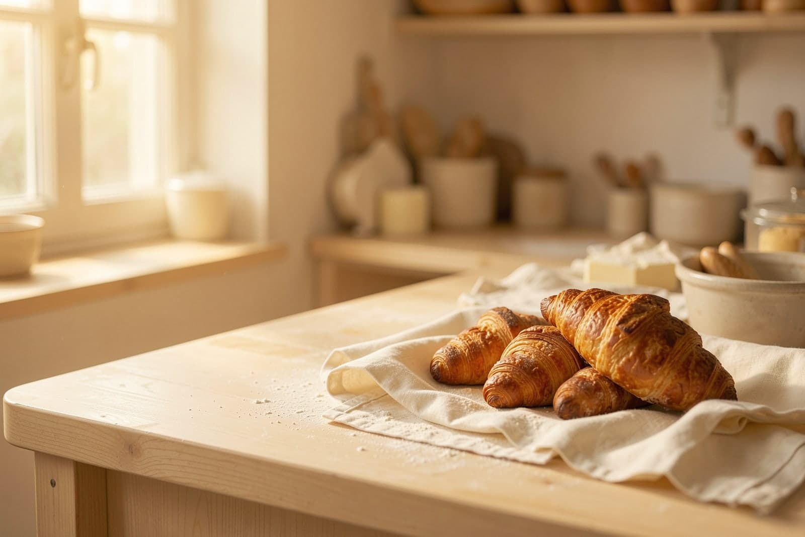 Croissants on cream linen on a pale wood bakery counter in morning light